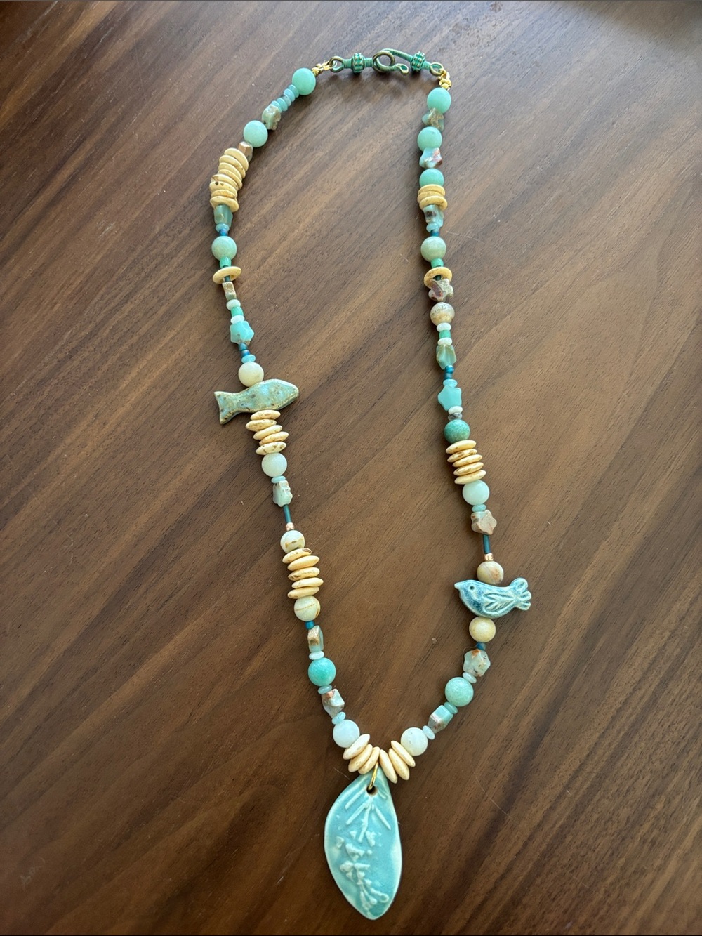 Handmade Seafoam Ceramic Pendant Necklace with Beaded Accents